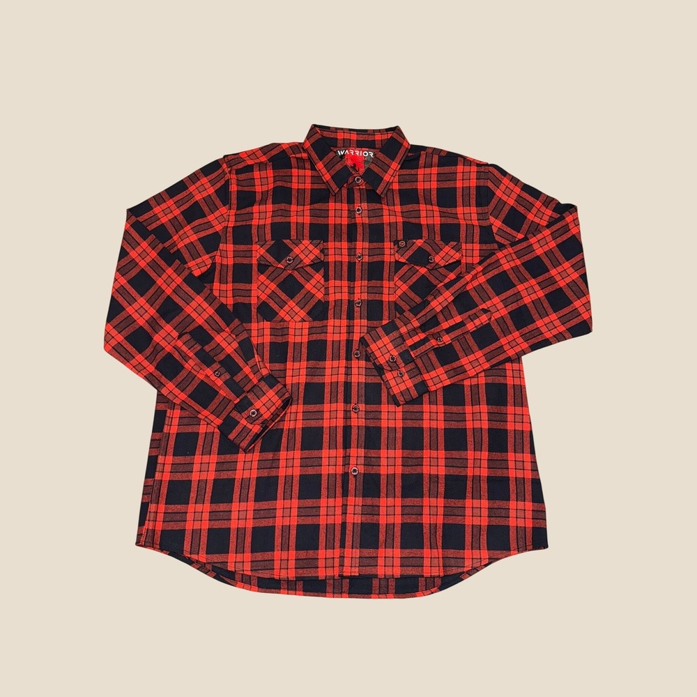 Warrior Testarossa Red Black Plaid Flannel Button Up Shirt Mens XL Stretch
